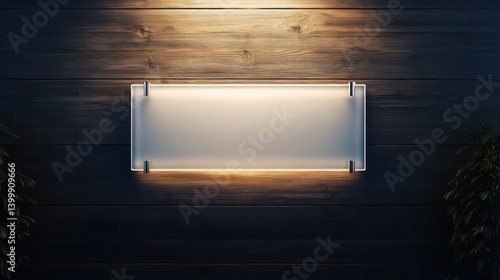 A clean minimal office signage design featuring frosted acrylic typography subtly glowing against a dark wooden background creating a refined