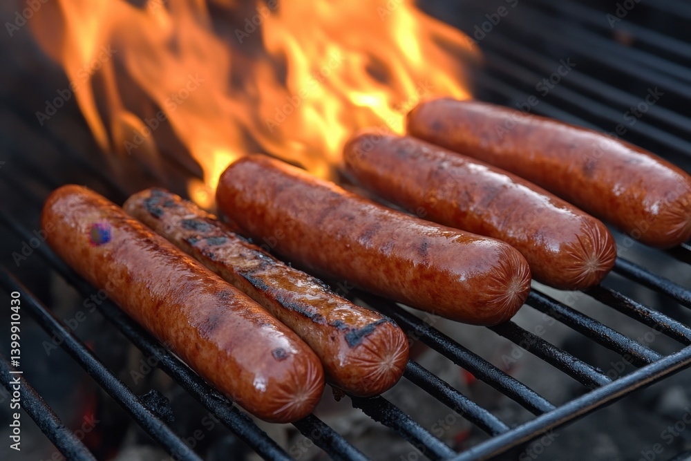 Sizzling sausages on a barbecue grill with vibrant flames creating a warm inviting atmosphere for outdoor cooking and summer gatherings Sizzling sausages on a barbecue grill with vibrant flames creating a warm inviting atmosphere for outdoor cooking and summer gatherings