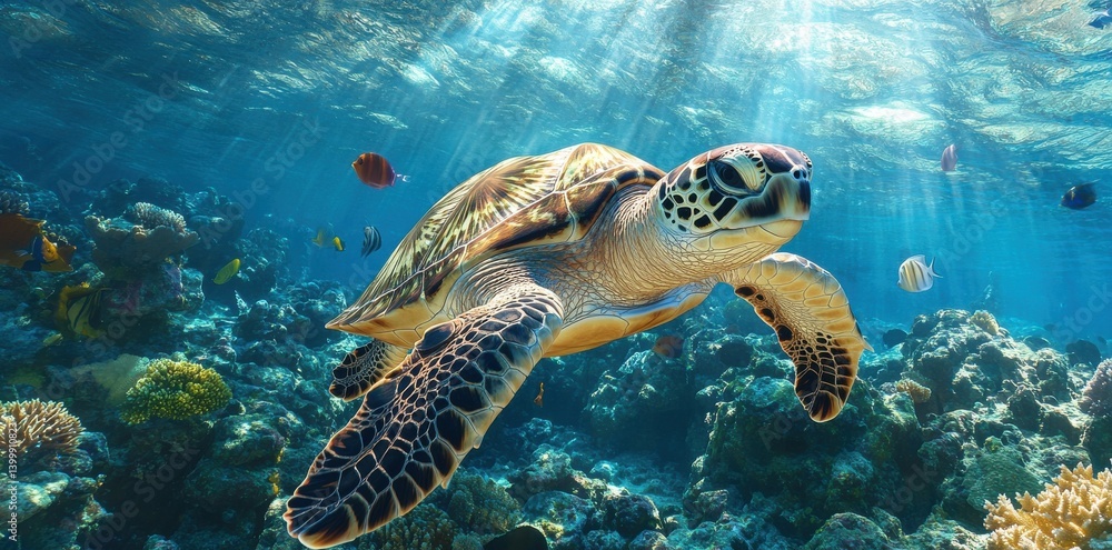 Obraz premium Giant sea turtle swimming through a coral reef, vibrant marine life, ultra-detailed underwater environment