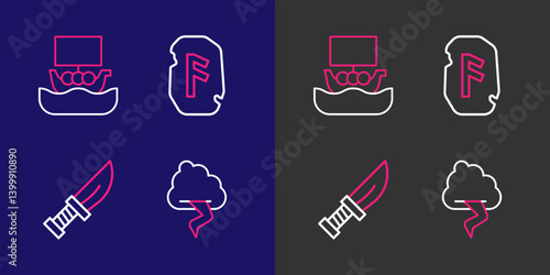 Set line Cloud and lightning, Dagger, Magic rune and Viking ship Drakkar icon. Vector