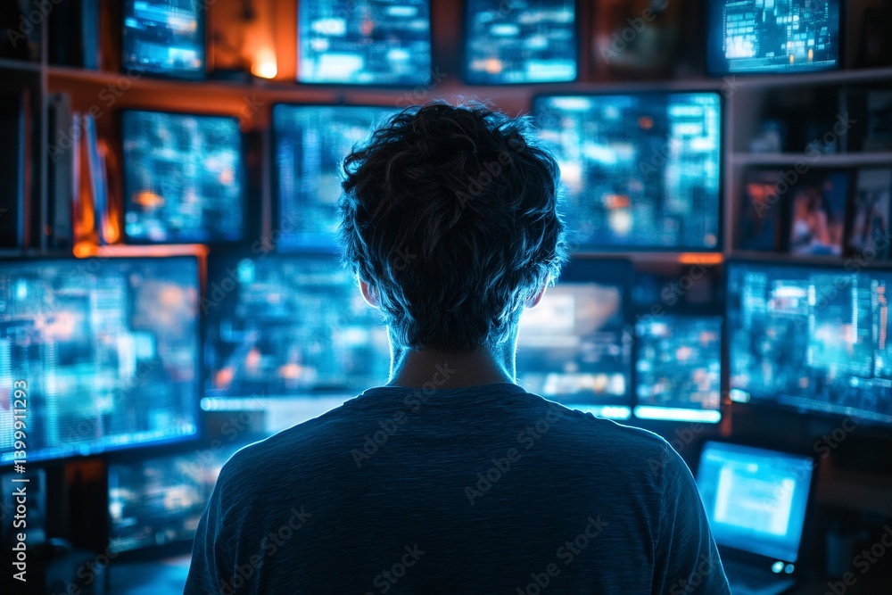 Mysterious Individual Surrounded by Screens in a High-Tech Environment at Night Mysterious Individual Surrounded by Screens in a High-Tech Environment at Night