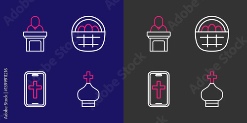 Set line Christian church tower, cross on phone, Basket with easter eggs and Church pastor preaching icon. Vector