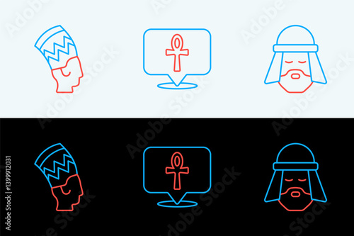 Set line Egyptian man, Nefertiti and Cross ankh icon. Vector