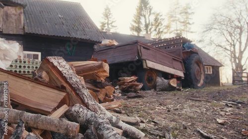 Wallpaper Mural Logs Stacked Next to Tractor on Farm Torontodigital.ca
