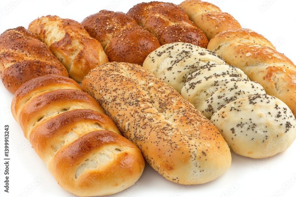 Variety of Freshly Baked Bread Loaves on White Backdrop Displaying Golden Crusts and Seed Toppings in Studio Lighting Variety of Freshly Baked Bread Loaves on White Backdrop Displaying Golden Crusts and Seed Toppings in Studio Lighting