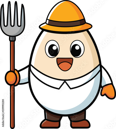 cartoon villager egg character with rake vector illustration, egg farmer character isolated on a white background, 