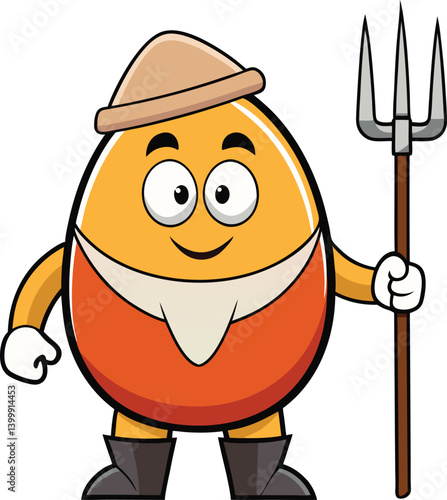 cartoon villager egg character with rake vector illustration, egg farmer character isolated on a white background, 