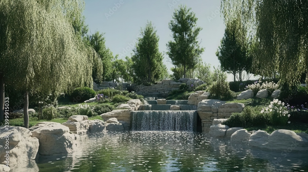 Naklejka premium Tranquil cascade amidst verdant foliage and weathered stones capturing the serene beauty of nature with a low angle shot and a peaceful mood