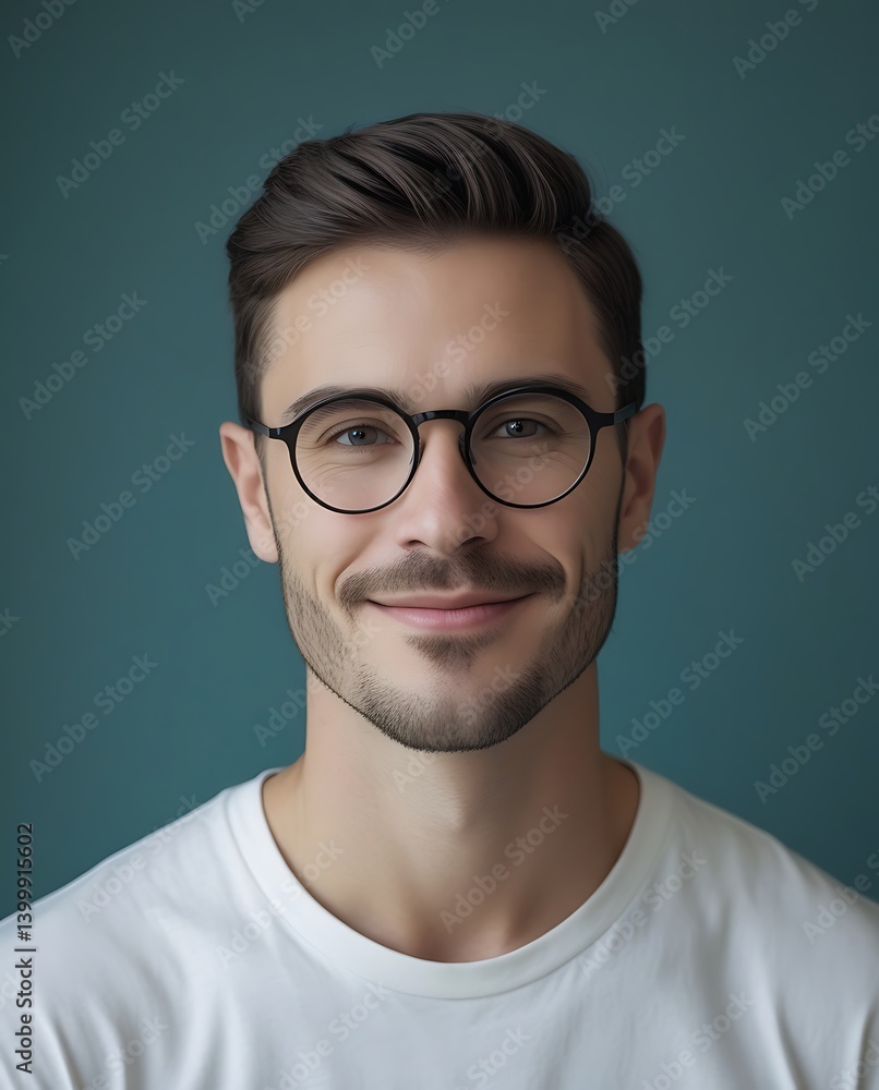 Confident young man with dark hair and round glasses smiling at the camera while standing in front of a teal-colored background, wearing a white t-shirt in a studio portrait
Confident young man with dark hair and round glasses smiling at the camera while standing in front of a teal-colored background, wearing a white t-shirt in a studio portrait