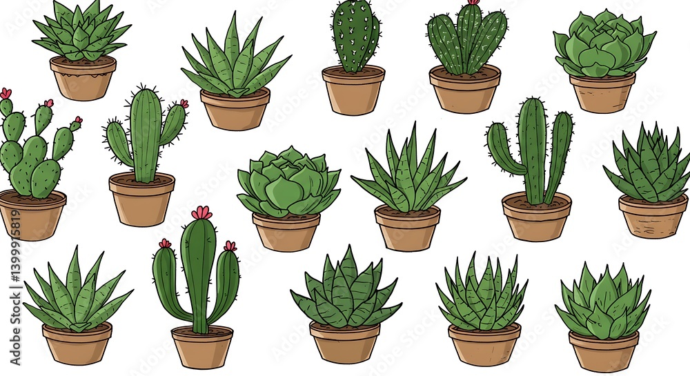 Fototapeta premium Charming Hand-Drawn Illustration of Succulents and Cacti in Pots AI Generated