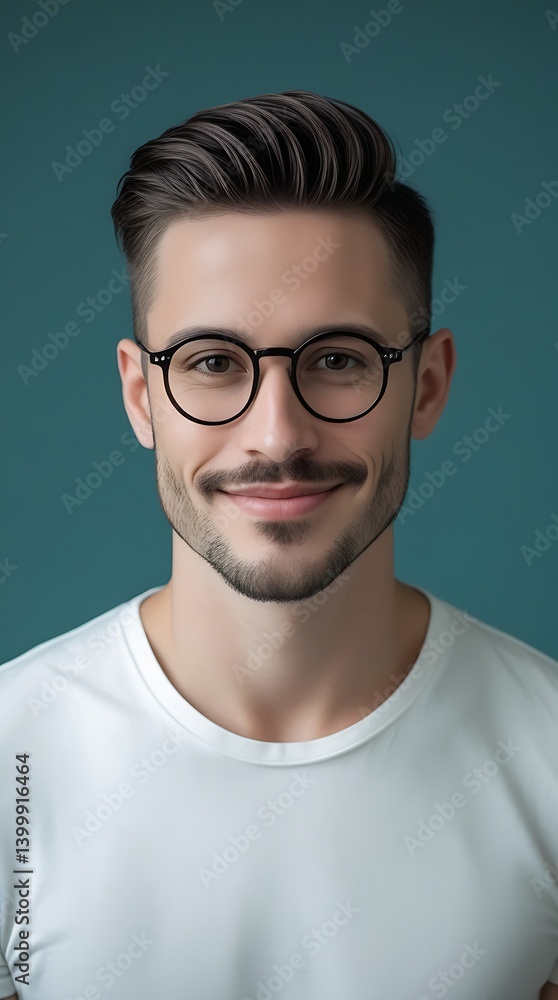 Confident young man with dark hair and round glasses smiling at the camera while standing in front of a teal-colored background, wearing a white t-shirt in a studio portrait
