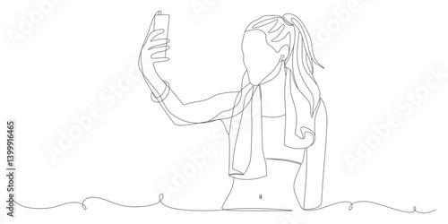 One Line Drawing of Sporty Woman Taking Selfie After Workout
