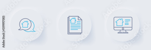 Set line Online real estate house, House contract and Real message icon. Vector