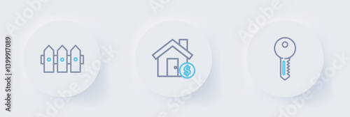 Set line House key, with dollar symbol and Garden fence wooden icon. Vector