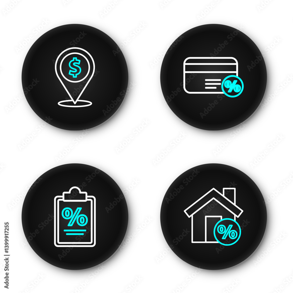 Set line House with percant discount, Finance document, Discount card percent and Cash location icon. Vector Set line House with percant discount, Finance document, Discount card percent and Cash location icon. Vector