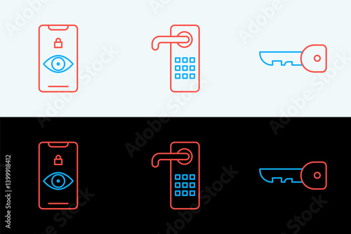 Set line Key, Eye scan and Digital door lock icon. Vector