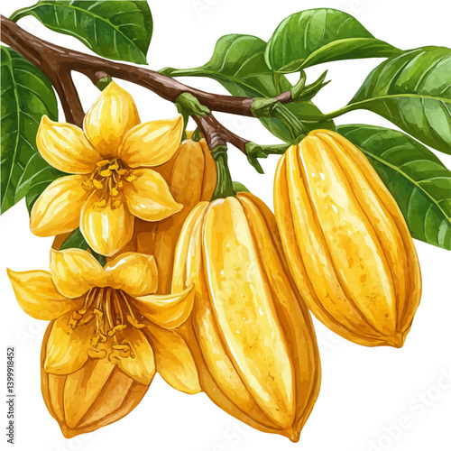 watercolor of Ylang Ylang Branch, vector, isolated on a white background.