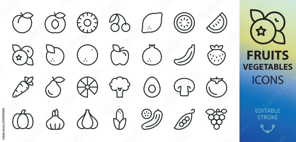 Fruits and vegetables line icons set. Set of peach, apricot, apple, carrot, lemon, pea, pumpkin, strawberry, pear, onion, garlic, grapes, cherry, cucumber, tomato, banana, pomegranate vector icon Fruits and vegetables line icons set. Set of peach, apricot, apple, carrot, lemon, pea, pumpkin, strawberry, pear, onion, garlic, grapes, cherry, cucumber, tomato, banana, pomegranate vector icon