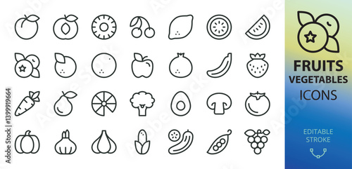 Fruits and vegetables line icons set. Set of peach, apricot, apple, carrot, lemon, pea, pumpkin, strawberry, pear, onion, garlic, grapes, cherry, cucumber, tomato, banana, pomegranate vector icon