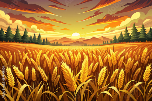 vector of Golden wheat field at sunset