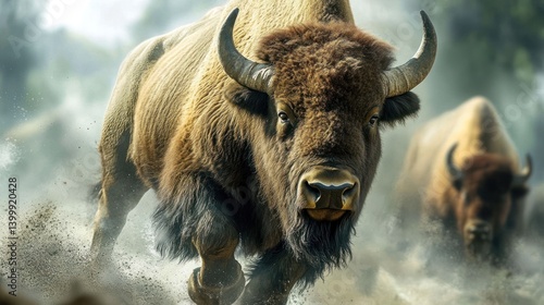 Majestic Bison Charging Through Dusty Terrain
