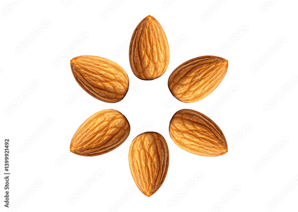 almonds dry fruit flower shape isolated on white background. almonds dry fruit flower shape isolated on white background.