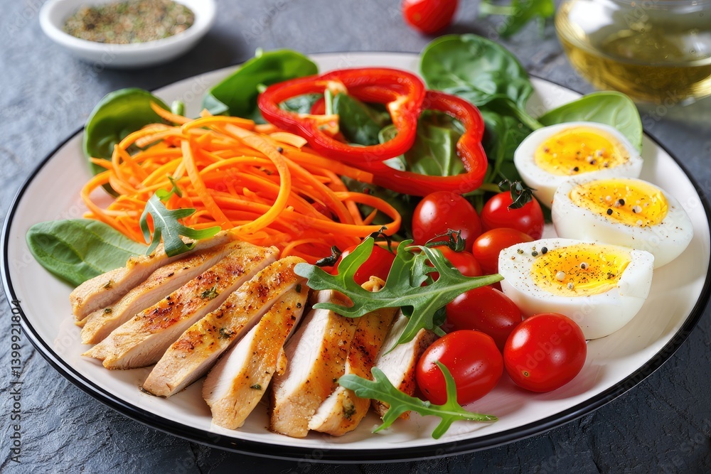 Healthy grilled chicken salad with fresh vegetables and boiled eggs on a plate Healthy grilled chicken salad with fresh vegetables and boiled eggs on a plate