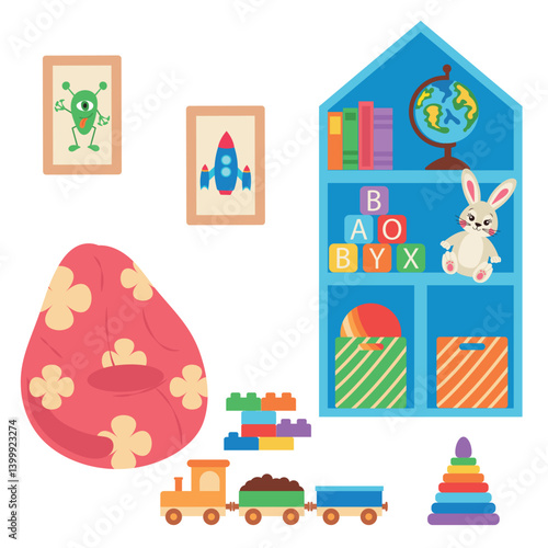Interior of children's playroom. Room with a rack with cubes, boxes with toys, rag bunny.