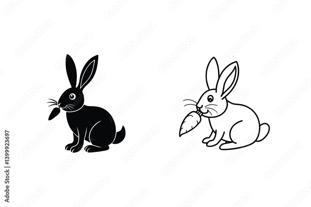Two Bunny Illustrations In Black And White Holding Carrots On White Background Two Bunny Illustrations In Black And White Holding Carrots On White Background