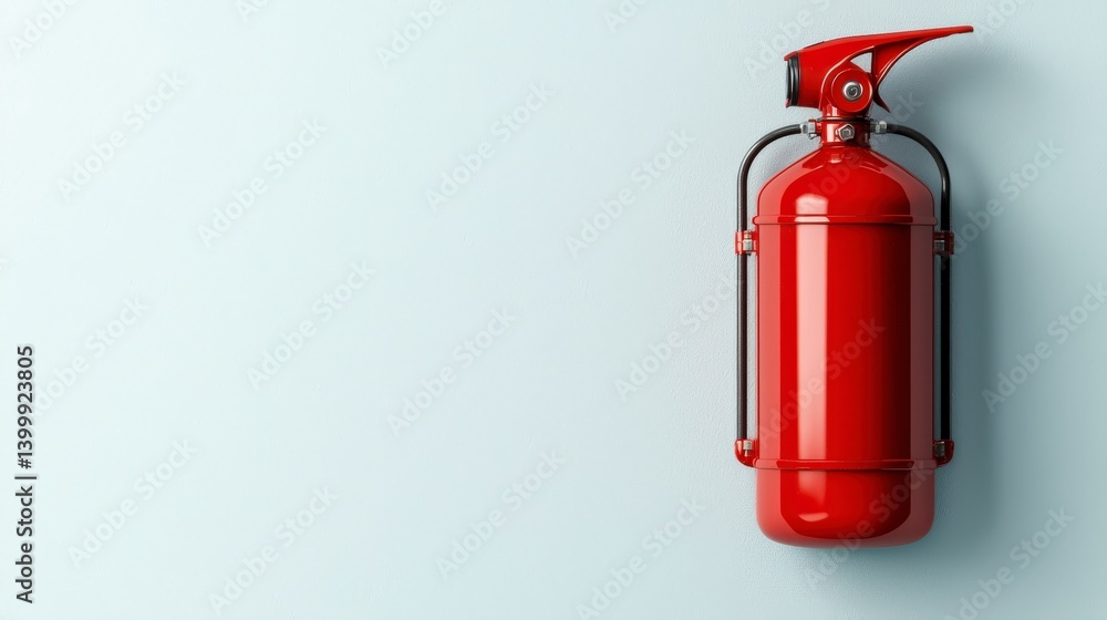 Obraz premium Bright Red Fire Extinguisher Mounted on Wall Against Light Background for Safety and Emergency Preparedness Concept