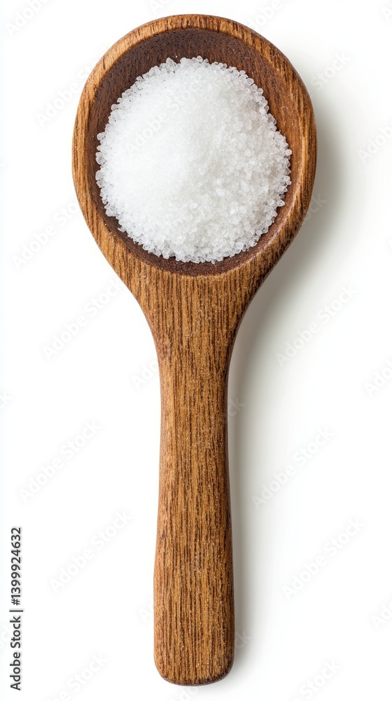 Overhead shot of wooden spoon filled with white crystalline salt on a clean white background simple food photography Overhead shot of wooden spoon filled with white crystalline salt on a clean white background simple food photography