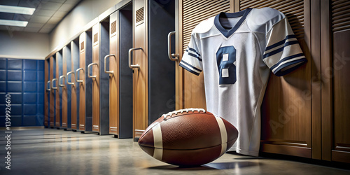 Football in locker room next to player’s jersey