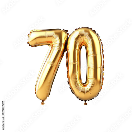 Golden foil balloon number seventy isolated on white background seventy years birthday party decoration anniversary celebration seventy percent off sale concept 3d rendering
