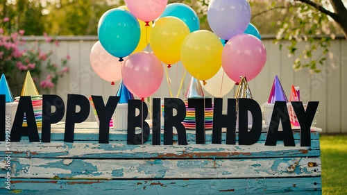 Festive outdoor birthday celebration featuring colorful balloons, party hats, and large 'Happy Birthday' letters on a rustic table.