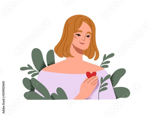 Woman with heart for self love, care, help and acceptance. Mental health, psychology and psychotherapy concept. Happy calm kind female, empathy. Flat vector illustration isolated on white background