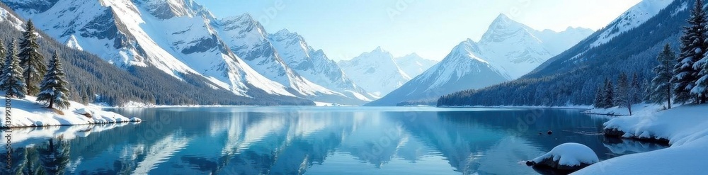 Serene winter lake nestled between majestic snow-capped peaks, reflected in crystal-clear water , peaceful, idyllic, landscape Serene winter lake nestled between majestic snow-capped peaks, reflected in crystal-clear water , peaceful, idyllic, landscape