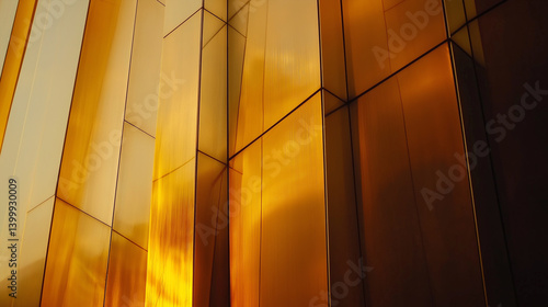 Close up of abstract golden metallic panels reflecting warm light.