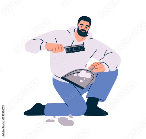 Man cleaning floor with dustpan and brush. Person removing dirt, mud with dust pan, scoop, sweeping. Home cleanup, housework, housekeeping. Flat vector illustration isolated on white background