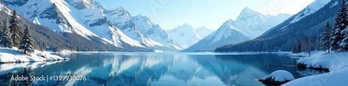 Serene winter lake nestled between majestic snow-capped peaks, reflected in crystal-clear water , peaceful, idyllic, landscape