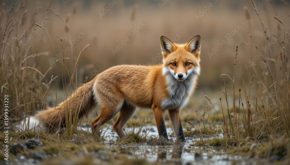 Red Fox in Autumnal Marsh, Poised and Alert Red Fox in Autumnal Marsh, Poised and Alert