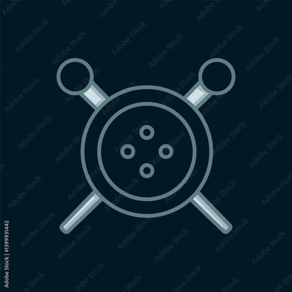 Obraz premium Line Sewing button and knitting needles icon isolated on black background. Clothing button. Flat filled outline style with shadow. Vector