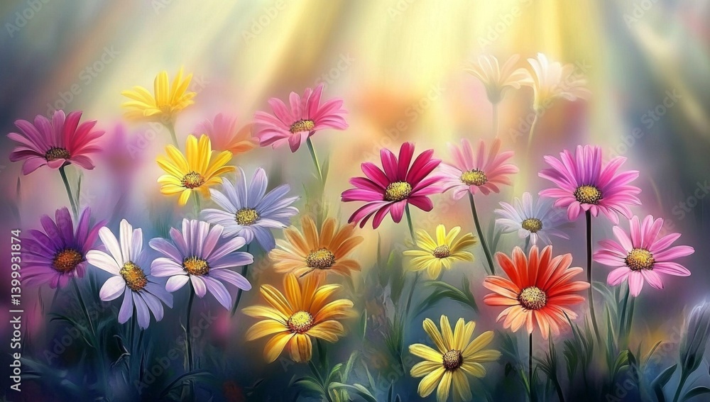 Vibrant, colorful flowers in a sunlit meadow. Delicate petals, various hues, soft focus, artistic illustration Vibrant, colorful flowers in a sunlit meadow. Delicate petals, various hues, soft focus, artistic illustration