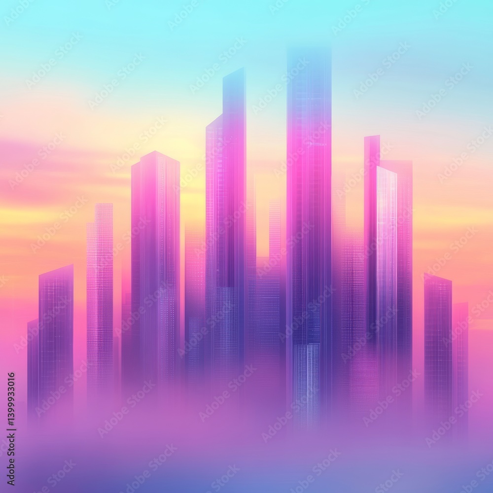 Vibrant Futuristic Cityscape Skyline Emerging from Purple Pink Mist Ambient Vibrant Futuristic Cityscape Skyline Emerging from Purple Pink Mist Ambient
