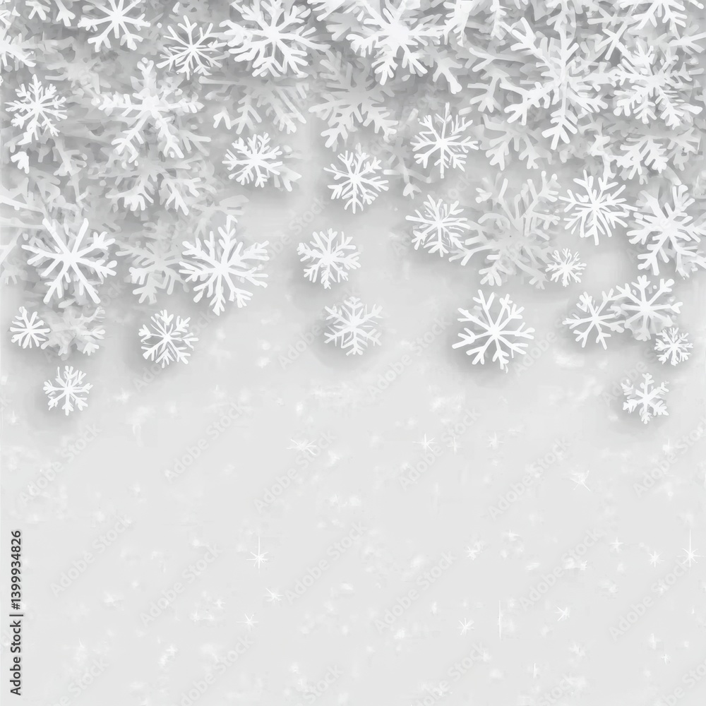 White Paper Cutout Snowflakes Cascading Down on a Light Grey Winter Background White Paper Cutout Snowflakes Cascading Down on a Light Grey Winter Background