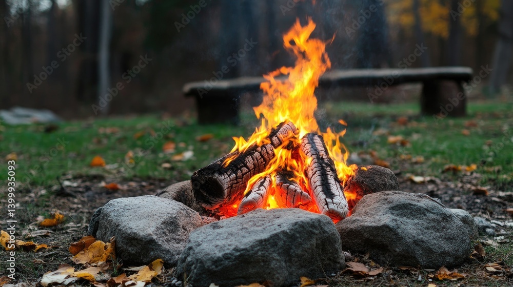 Fire reflecting on nearby rocks and tree trunks as a gentle breeze stirs the leaves Fire reflecting on nearby rocks and tree trunks as a gentle breeze stirs the leaves