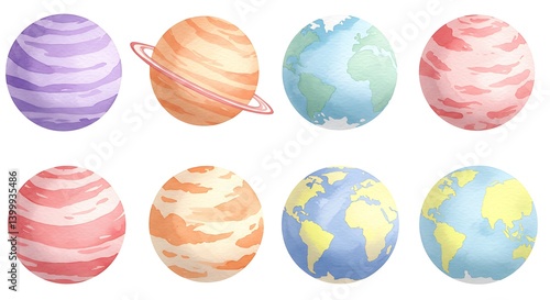 Fototapeta Naklejka Na Ścianę i Meble -  Pastel Planets: A Charming Digital Illustration of Eight Unique Celestial Bodies AI Generated