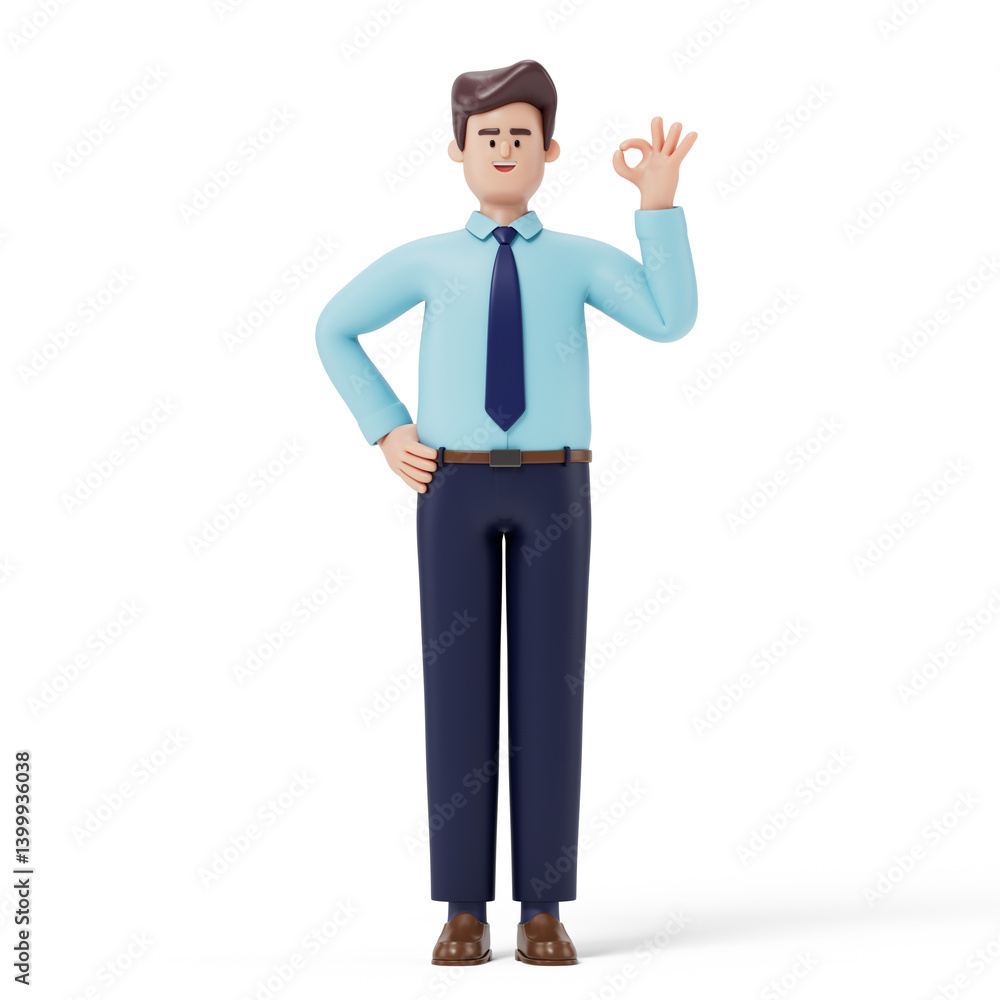 A man with OK gesture in business attire. Symbolizes approval or positivity. 3D rendering, conceptual image. Isolated on white background. A man with OK gesture in business attire. Symbolizes approval or positivity. 3D rendering, conceptual image. Isolated on white background.