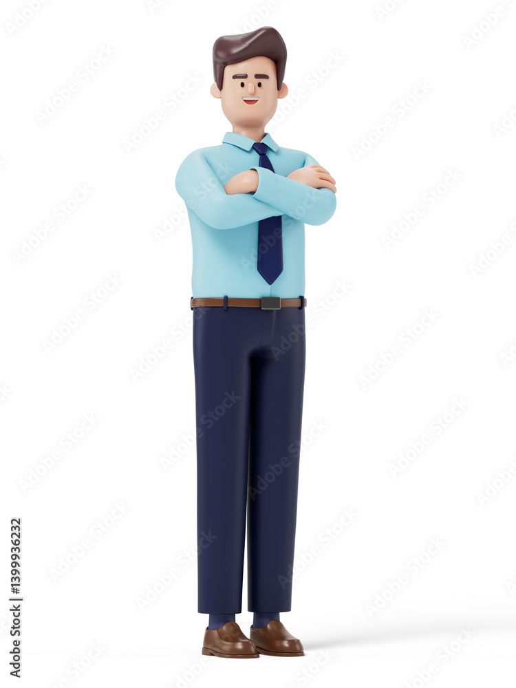 A man with arms crossed, symbolizing confidence or self-assuredness. 3d rendering, conceptual image. Isolated on white background.