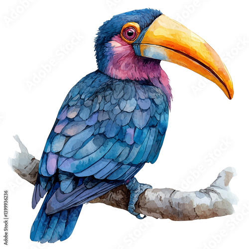 illustration of Wreathed Hornbill, watercolor vector, isolated on a white background.