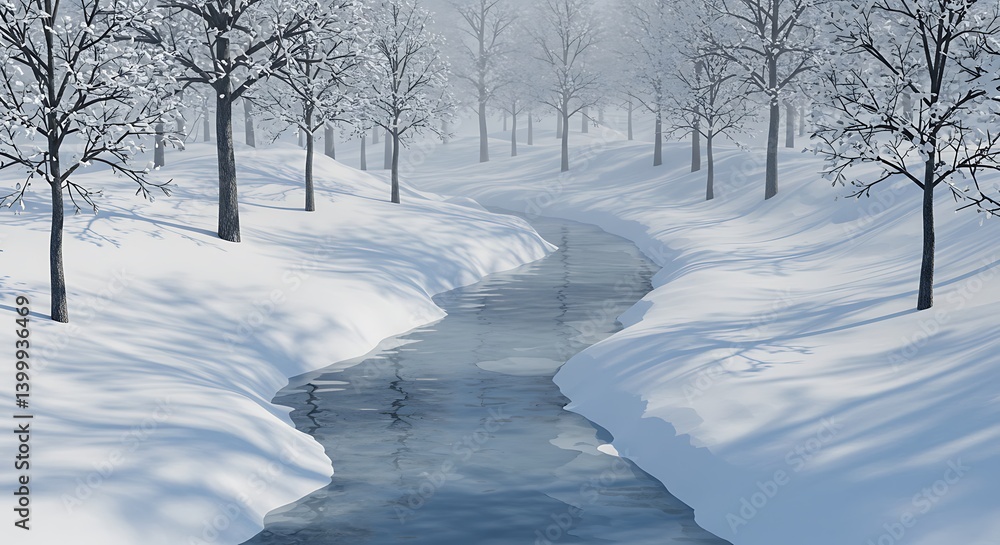 Obraz premium Serene Winter Stream: A 3D Render of Icy Tranquility and Deep Spatial Depth AI Generated